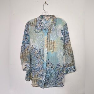 Coldwater Creek Paisley Patchwork Blouse | Size L 14 |Blue Boho Button Front